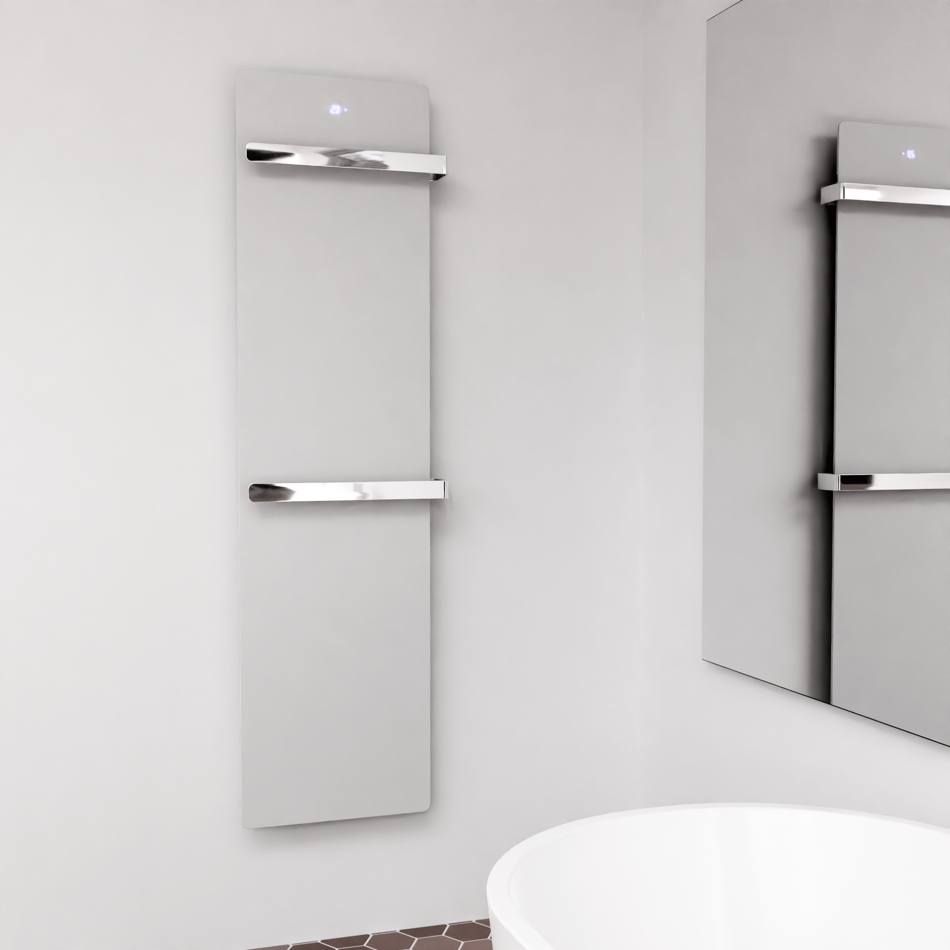 ZenSwiss furo Handtuchtrockner in Matt Weiss, 52 x 160 cm, mit polierten Handtuchhaltern und versteckter Touch-Steuerung.