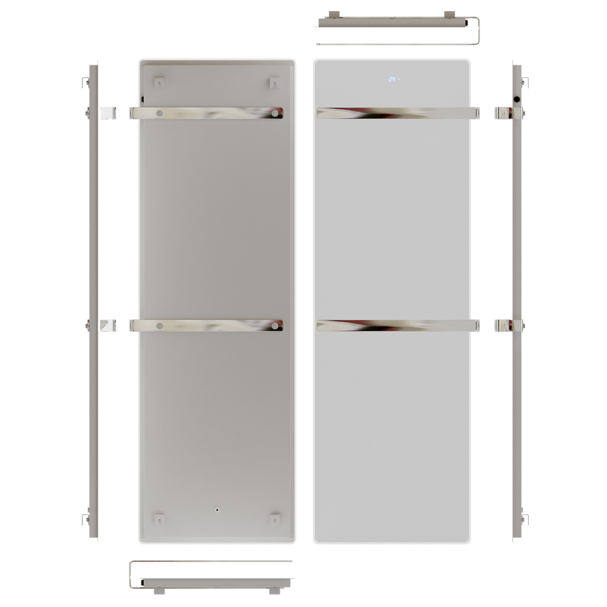 ZenSwiss furo Handtuchtrockner in Matt Weiss mit polierten Handtuchhaltern und Touch-Steuerung.