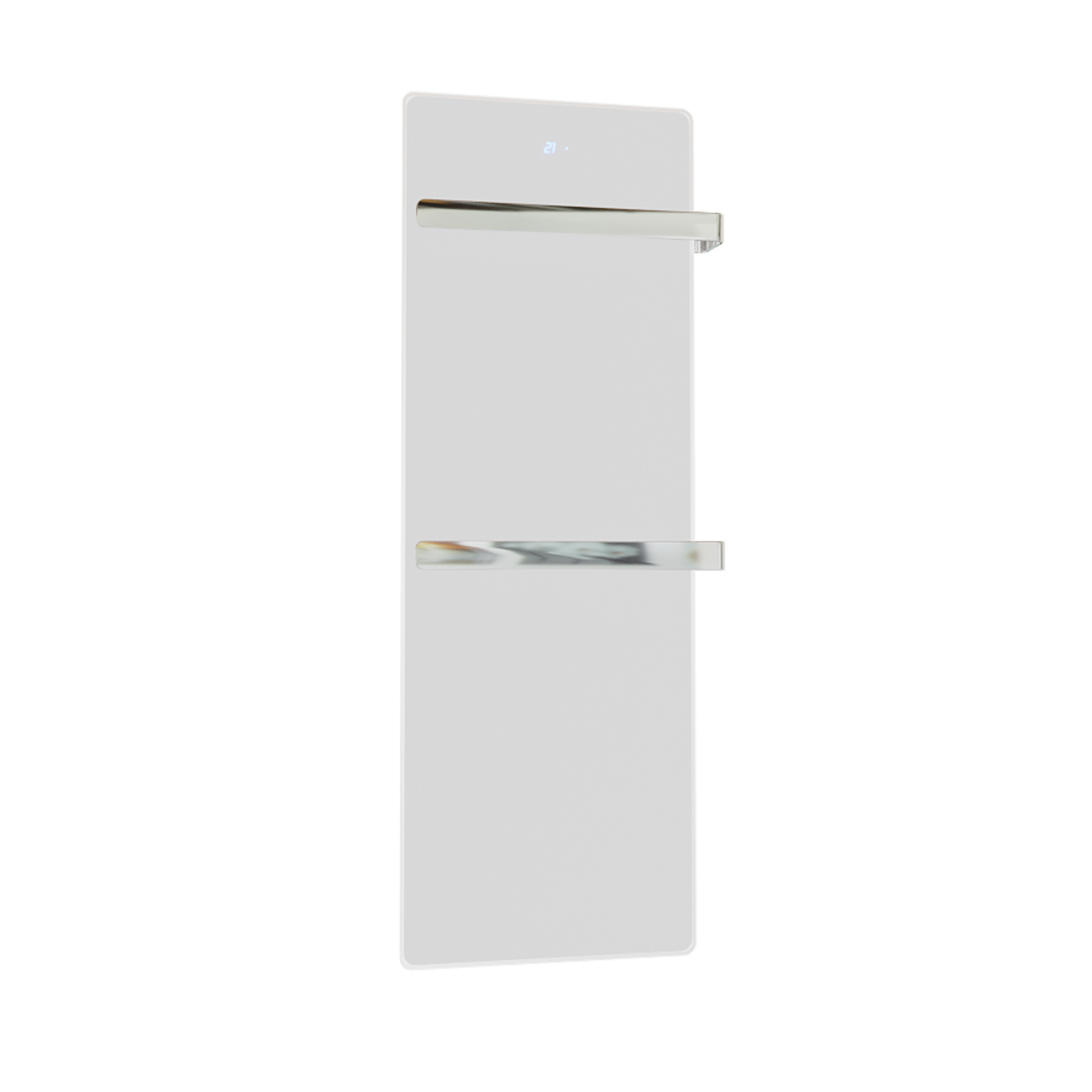 Handtuchtrockner ZenSwiss furo in mattweiss, 42x120 cm, mit edler Glasfront und integrierter Touch-Steuerung.