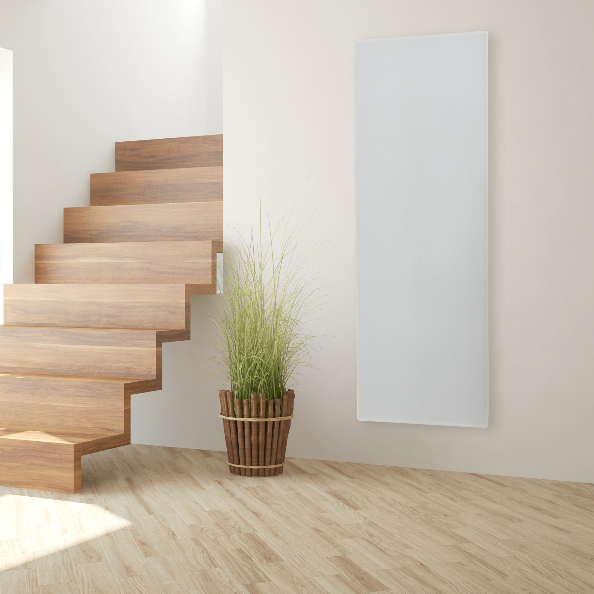 ZenSwiss Niedrigenergie-Infrarotheizung 800W in elegantem, zeitlosem Design aus Glas, montierbar an Wand oder Decke.